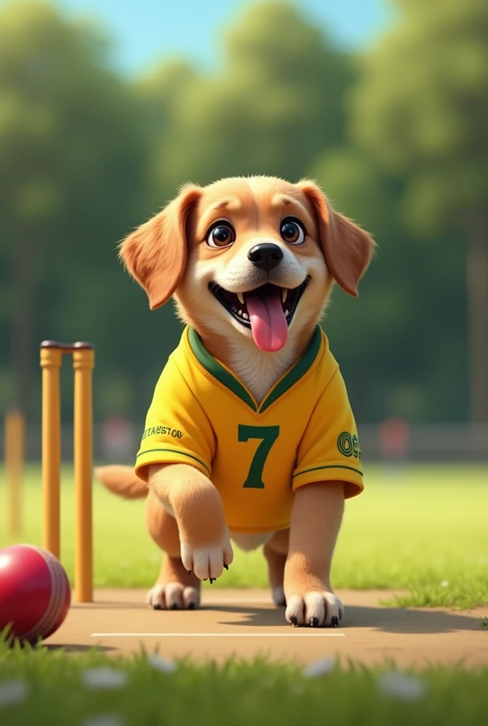 A Dog wearing yellow jersey with number 7 and playing cricket