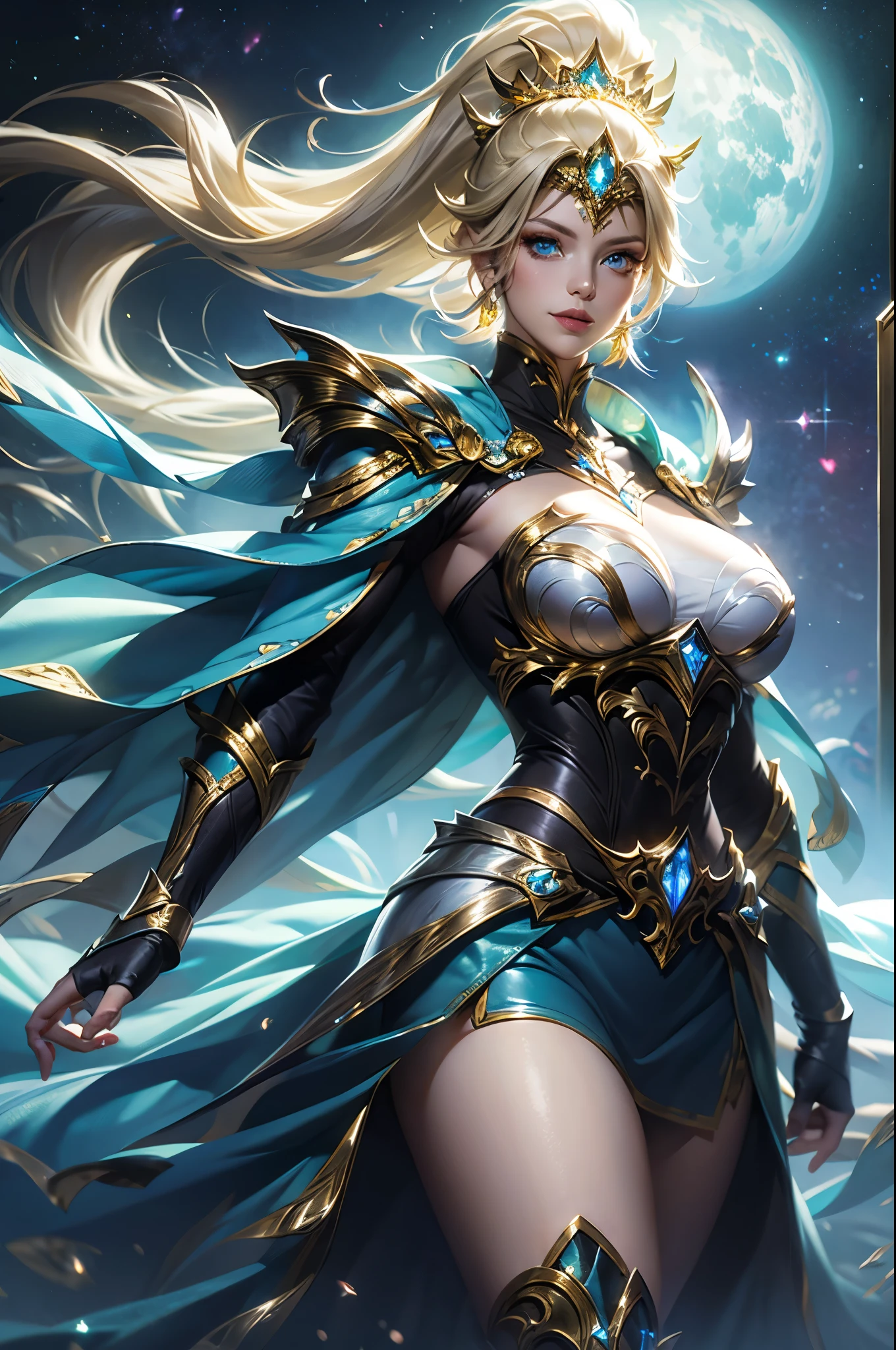Ultra HD、Ultra-clear、White and beautiful translucent skin、Beautiful and well-proportioned face、Cute smile、Saint Seiya of Libra、Covers the whole body in silver armor、A holy knight in silver armor、Platinum tiara、Silver armor covered in flashy carvings、Heavy silver armor、Beautiful clear blue eyes、Blonde Short-Haired、Big Breasts、Outer space background、ponytail、