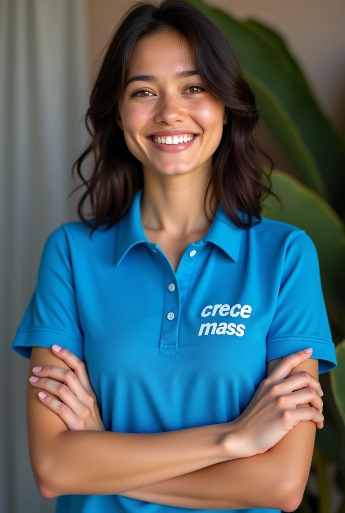 Create a realistic image of an Argentine lady wearing an electric blue polo shirt. In addition to having the word printed on it "CRECE MASS" in the right pocket . She must be smiling and with her arms crossed. Between the ages of 19 and 22