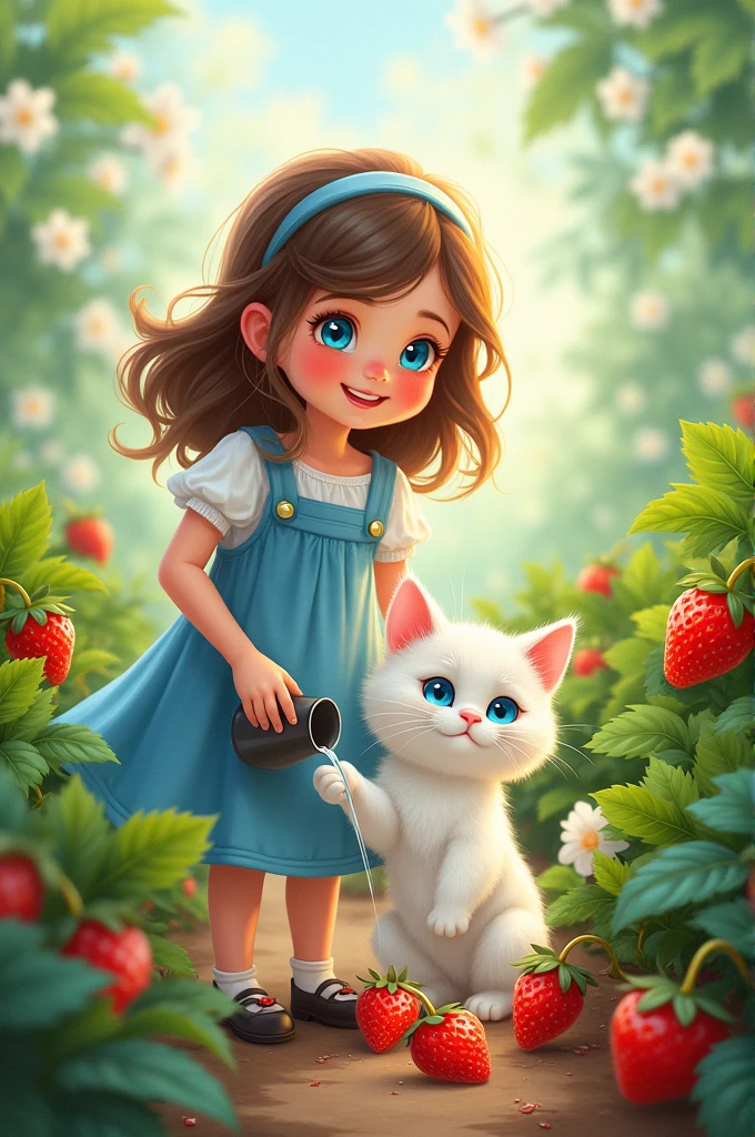 A  girl happy with blue eyes in blue frock and little white cat with blue eyes are watering the strawberry plant in Strawberry garden  AI image 