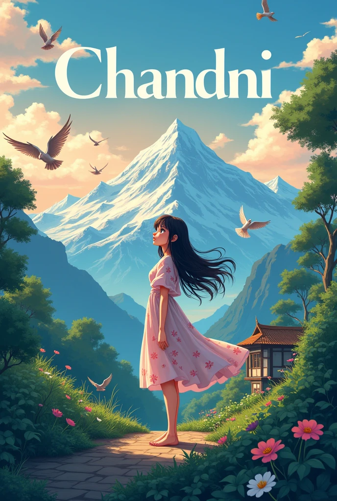 Make a logo of Chandni girl name with anime character background nature mountain pigeons a small house in jungle