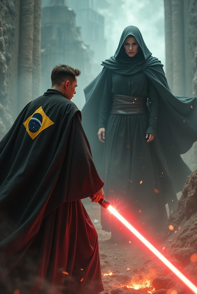 Image of Elon Musk wearing a Star Wars Obi outfit with a Brazilian patch destroying Voldemort in a battle