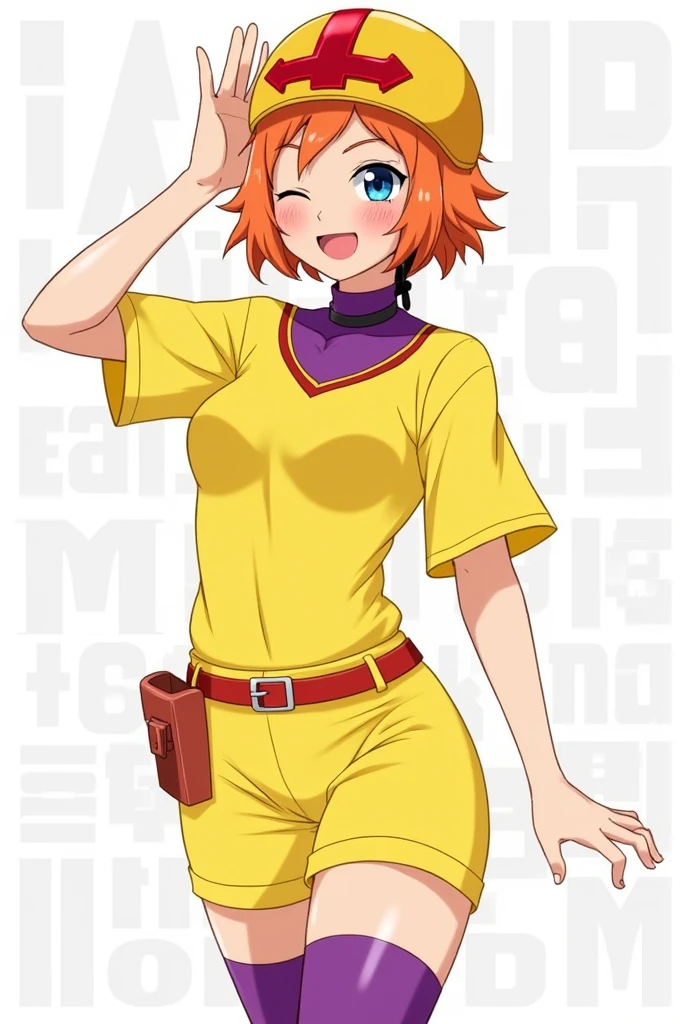 Masterpiece, high quality, happy, 1girl, orange hair, short hair, curly hair, freckles, helmet, bodysuit, yellow shirt, short sleeves, long sleeves, belt, yellow small shorts, purple thighhighs, sexy body, gorgeous body, beautiful, beautiful legs, solo