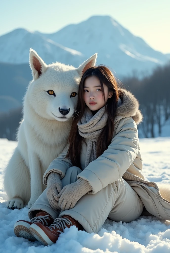 make a professional photo image, a beautiful woman with long hair with a charming face with a natural face, natural skin color, eyes that are so naturally clear with a brownish color, attractive, realistic, skin that is naturally smooth, wearing a snow jacket with a hood on her head, scarf, sarong snow hands and boat shoes, sitting back next to the Japanese giant mythical creature "Yate", background view of the charming snow hills in Niseko, Hokkaido, with mountain views that are so beautiful, realistic, cinematic