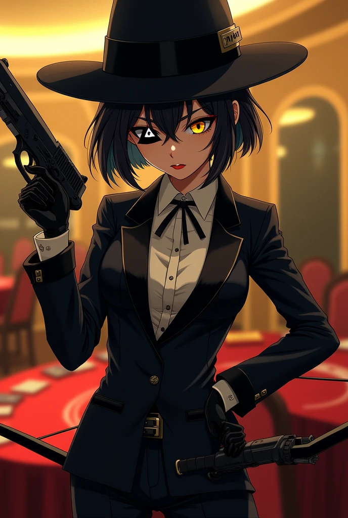 Yellow skinned girl, with one eye in the shape of a triangle and completely black and his other eye yellow and psychopathic, with black magician hat, a sexy black suit, black hair bob, black gloves in a casino, that brings a bow, and brings a gun. and anime.