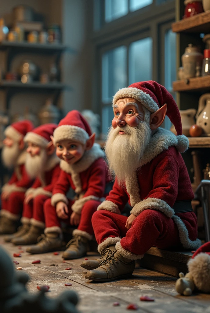 Santa's elves in their workshop sitting with nothing to do, bored, Hyperrealistic and extremely detailed image