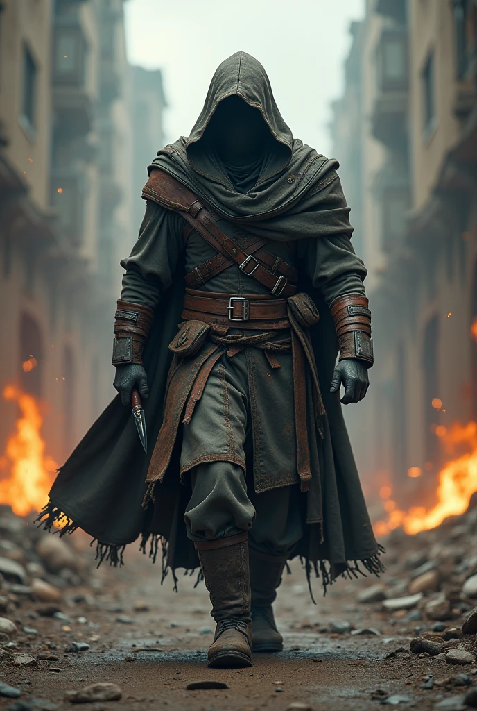 Create an image of a hooded warrior in a post-apocalyptic urban setting. The character wears a detailed, weathered cloak with armor and leather straps, armed with a knife in one hand. They walk confidently through a deserted, burning city street, with flames and sparks rising from the ground. The scene is filled with a sense of destruction and tension, with crumbling buildings on either side, smoky air, and glowing embers lighting up the dim, dust-filled atmosphere.