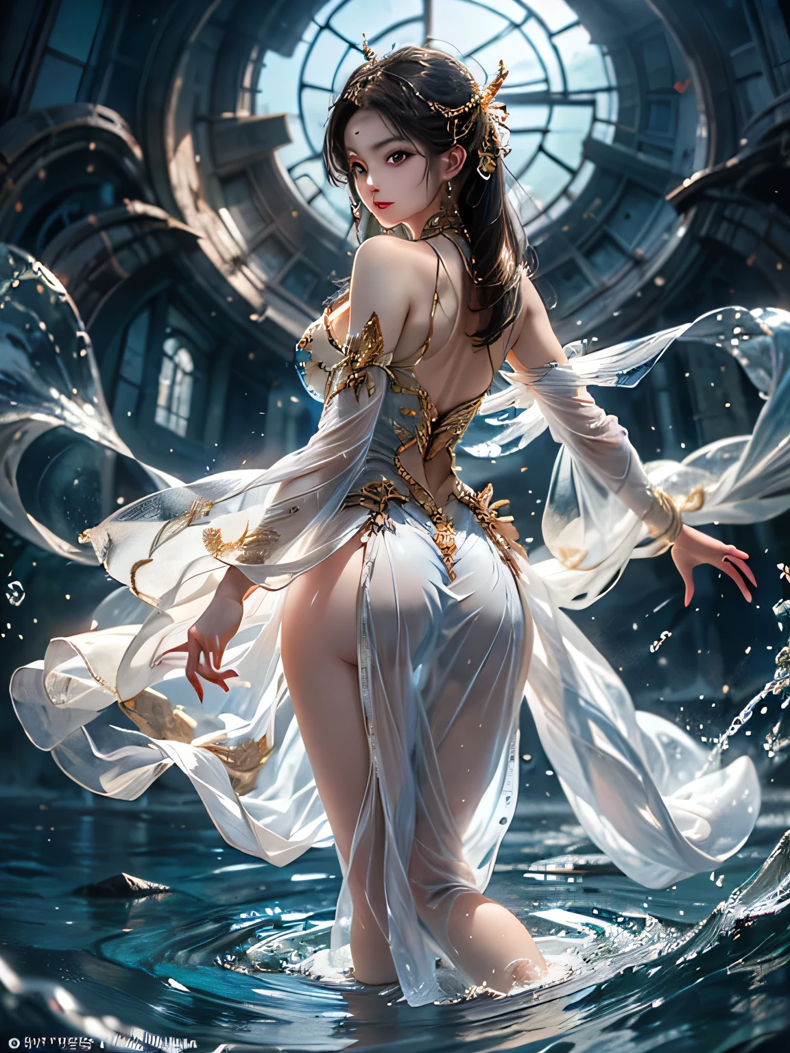 meishaonv, haifeisi, ultra-detailed, (Back view)、RAW Photos、Realistic、(Super detailed:1.2)、(High resolution:1.2)、masterpiece、(Highest quality)、(8k)、(Angle from below)、Beautiful and well-proportioned face、(Beautiful Eyes)、(Perfect Anatomy:1.3)、One woman、20-year-old、Full body photo、(A beautiful woman wearing a super see-through Chinese dress with a slit:1.3)、(The costume is made from the crystal clear water she controls.:1.34)、(The delicate and beautiful dress with embroidery is reproduced using water.)、(Increased transparency:1.7)、Fountain in the forest、Black Hair、(Super hourglass body type:1.3)、(Super big breasts pointing upwards:1.34)、(Pink erect nipples)、Narrow waist、(Wide super big ass:1.2)、Spread your legs wide and kneel、(Sexy and acrobatic poses:1.3)、Correct fingers、Water Bender、(A fairy with the power to freely control water.:1.4)、(Several streams of water swirl and gush out in time with her pose.:1.4)、Correct fingers、Her thighs are visible through the slit in her dress、(The dress and most of the fabric flow back into the water.:1.34)、(Any clothing that comes into contact with water will turn back into water.:1.34)、Show your audience a confident smile、The water flows around her、Reduce the area of fabric、(The clothes are back in the water)