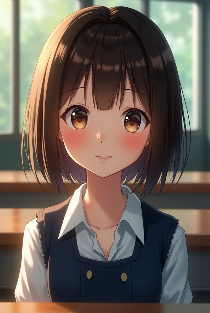 best quality, face focus, soft light, ultra high res, (photorealistic:1.4), RAW photo, 1japanese girl, solo, cute, (shy smile:0.5), (brown eyes, lights in the eyes), detailed beautifuuality, face focus, soft light, ultra high res, (photorealistic:1.4), RAW photo, 1japanese girl, solo, cute, (shy smile:0.5), (brown eyes, lights in the eyes), detailed beautiful face, (small chest),(high resolution detail of human skin texture), (short bob hair), BREAK, in classroom,navy school uniform, vest, skirt