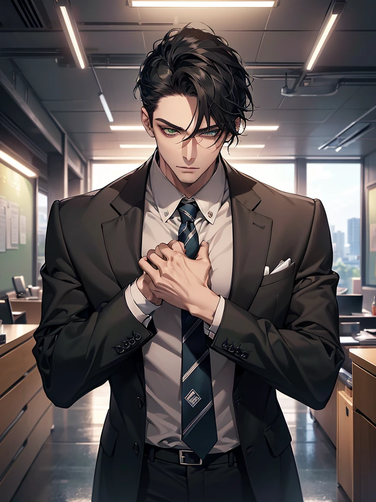 Tenten in an office building working as an accountant , formal office dress , disappointed , masterpiece , best quality , great detail , odd tie .