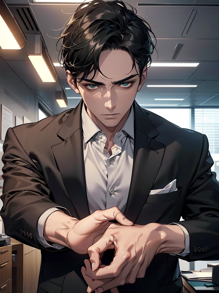 (Highest quality, masterpiece, 8k, Realistic, Cinema Lighting, HDR image, Super detailed, Beautiful images), 1 person, 3, Mature Men, very handsome, (Expressionless), Short black hair, Green Eyes ( Sharp Eyes), perfect face no error, Intimidating posture, no error, Businessman, Office Background