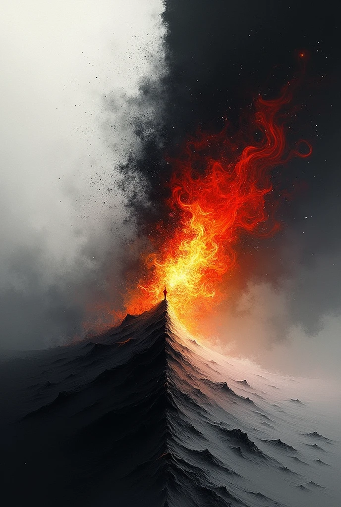 A background with black and white that is divided in an inclined way so that black flames come out in vibrant colors