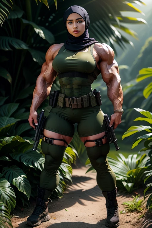 Photorealistic, high resolution, 1 malay woman in hijab, Solo, Hips up, Battlefield background，view the viewer, (Detailed face), White hijab, SWAT vests, sniper rifle handle, camouflage combat suit, Camoflage military uniform, bulletproof vest, Holding an assault rifle, M16, SWAT boots, Inside the jungle of Royal Belum, Very detailed, Perfect face, Black eye, jewelry, (full body view), Lifelike, masterpiece, HDR, 4K