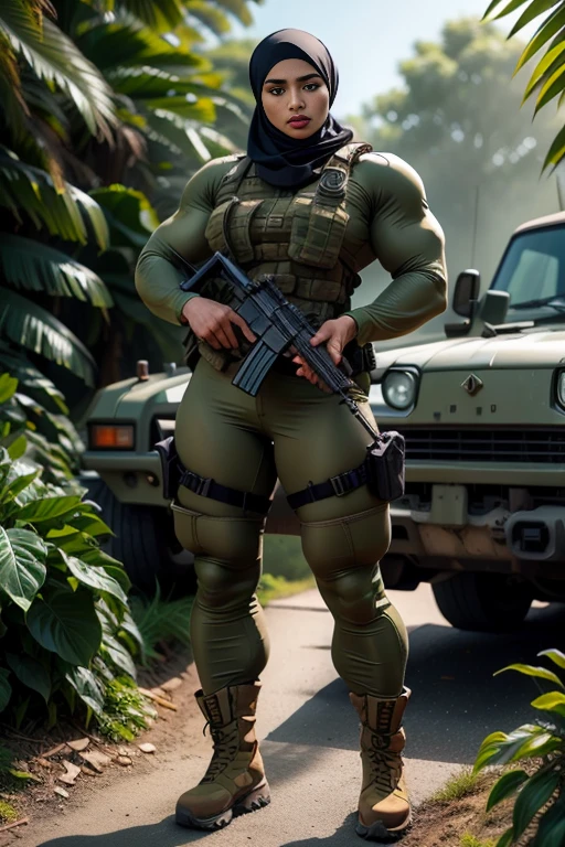 Photorealistic, high resolution, 1 malay woman in hijab, Solo, Hips up, Battlefield background,view the viewer, (Detailed face), White hijab, SWAT vests, sniper rifle handle, camouflage combat suit, Camoflage military uniform, bulletproof vest, Holding an assault rifle, M16, SWAT boots, Inside the jungle of Royal Belum, Very detailed, Perfect face, Black eye, jewelry, (full body view), Lifelike, masterpiece, HDR, 4K