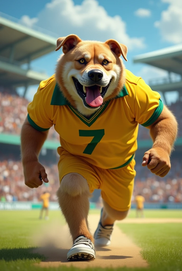 A Big Dog wearing yellow jersey with number 7 and playing cricket 
