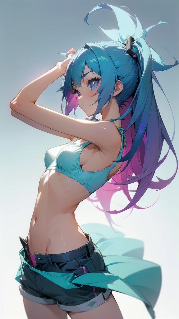 Illustrator, anime , Realistic ,sketch , 1 person, Supermodel, lip, bikini, order, Blue gradient background, Neon Ponytail Hair, (Are standing), Sexy pose, (whole body), Texture Trim, Canadian, (masterpiece,Highest quality) Cancer