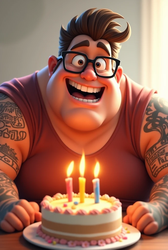 Disney Pixar style character of a big man dressed in black with a flirtatious masculine face and cheerful brown hair combed to the side with black glasses, tattooed arms blowing a birthday cake