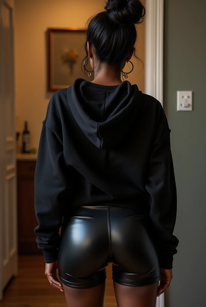 black woman hair in a bun black hoodie black leather short shorts being fucked in the ass by a old grandma in a dress
