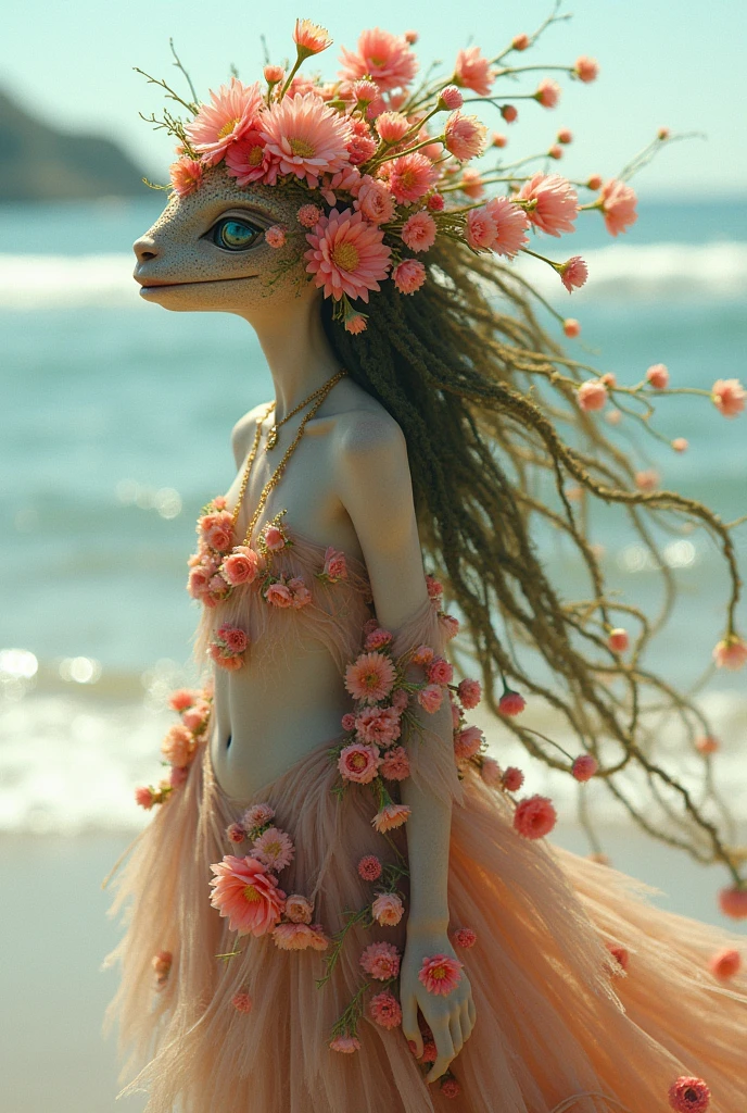 a short, female monster with a beachy style and her long hair is made of flowers and her clothes are also made of flowers.
SHE IS A TENDER WOMAN MONSTER WITH ALL HER HAIR MADE OF FLOWERS ONLY OF FLOWERS NO HUMAN TRAITS AT ALL
