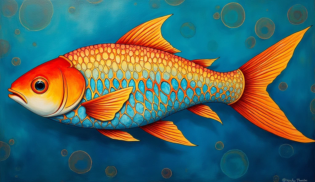 img a fish on a blue background, Art nouveau Klimt inspired ,
trending on colourful 