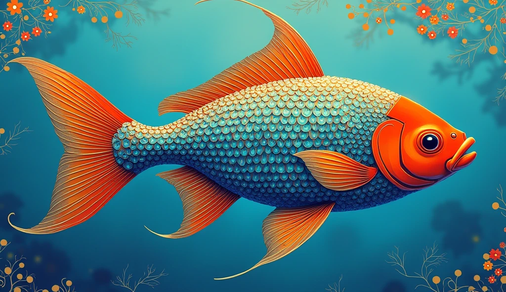 img a fish on a blue background, Art nouveau Klimt inspired ,
trending on colourful
