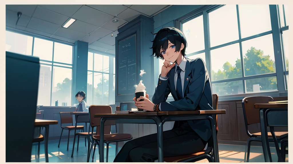 A very cool high school boy in a school uniform、smile、Black Hair、Short Hair、Blue sparkling eyes、Inside the cafe、Coffee on the table、Picture from the front、One person、solo、Retro anime style