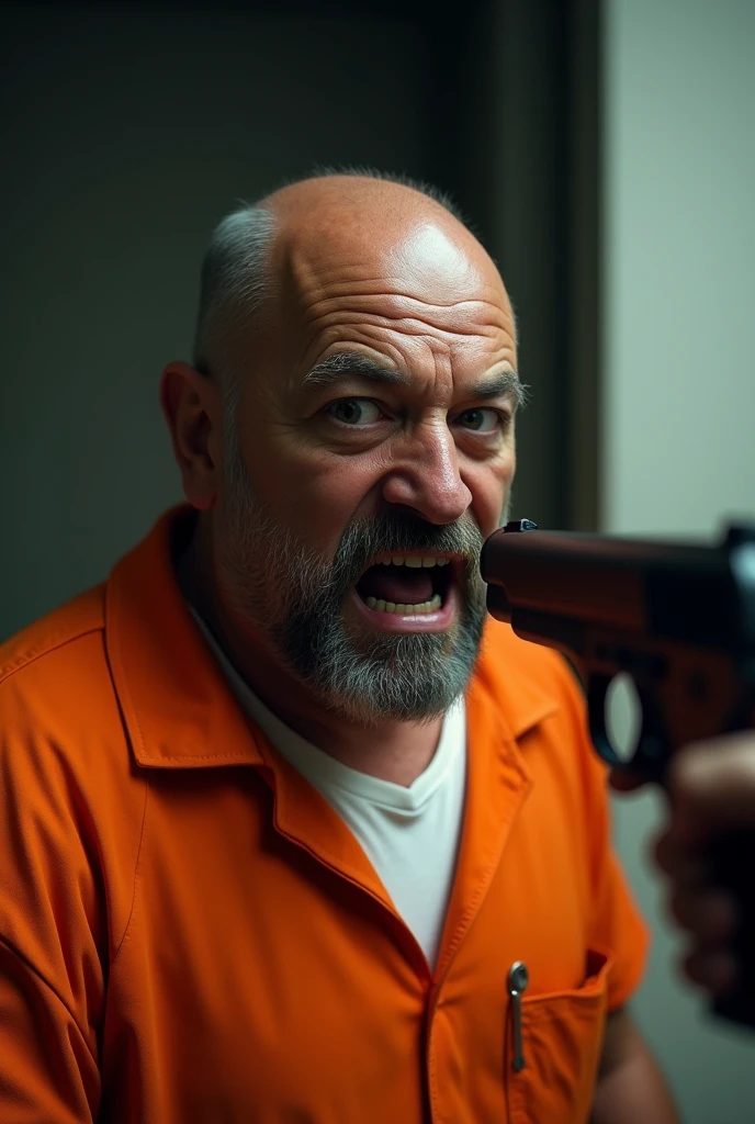 Create an image of a man in orange prison clothing with a gun pointed at his face and an expression of fear very clear image 