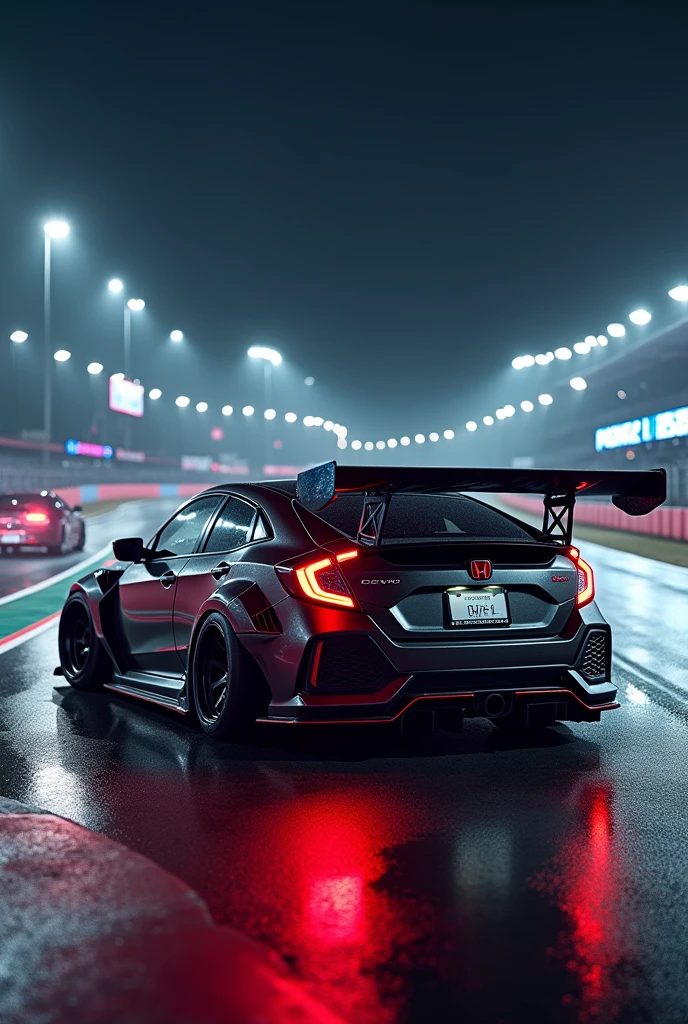 Honda civic modified with body kit in racing track at night 