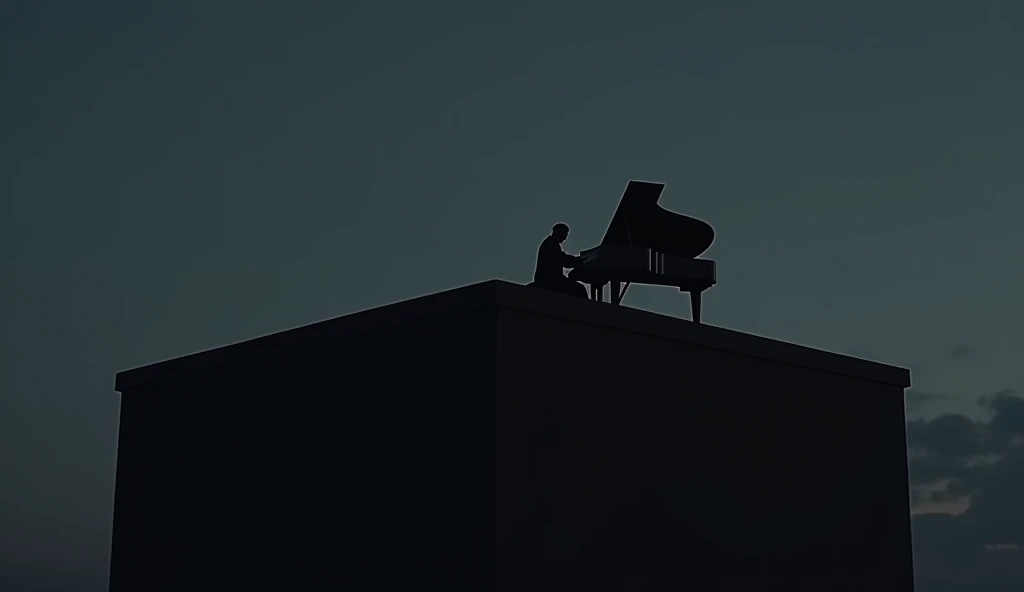 A man playing a grand piano on the rooftop of a square building on a very dark evening. The man's figure is expressed in shadow, emphasizing a very simple composition.