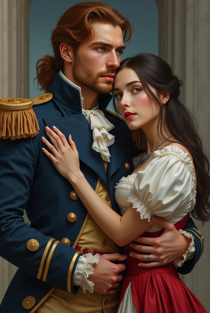 Drawing in the hyperrealistic genre. Jack Aubrey, Tall and strong captain, wide shoulders, Powerful muscles, in the uniform of a 19th century naval captain, rubio, her hair is tied in a ponytail, The hair curls at the ends., age 38 years, clean shaven face, good-humored face, with expressive features, blue eyes, height 183 cm. Aila is a short girl, height 157 cm, straight, dark hair, long to the hips, bob haircut, There are no bangs, grey eyes, mole under the eye, thin lips. small breasts, Wide hips, Thin waist, Jack Aubrey's height. She is wearing a white and red dress., Sapphire necklace, modern sneakers. They are with Jack in charge.., Jack Aubrey hugs his waist. Drawing the full face. He is looking into the distance. Draw your hands correctly. Draw his eyes correctly too. Draw them realistically. Wing of the 21st century, and Jack of nineteen. Jack has a beardless face... HYPERREALIST REALISTIC 4K