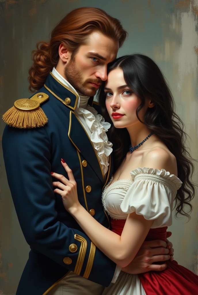 Drawing in the hyperrealistic genre. Jack Aubrey, Tall and strong captain, wide shoulders, Powerful muscles, in the uniform of a 19th century naval captain, rubio, her hair is tied in a ponytail, The hair curls at the ends., age 38 years, clean shaven face, good-humored face, with expressive features, blue eyes, height 183 cm. Aila is a short girl, height 157 cm, straight, dark hair, long to the hips, bob haircut, There are no bangs, grey eyes, mole under the eye, thin lips. small breasts, Wide hips, Thin waist, Jack Aubrey's height. She is wearing a white and red dress., Sapphire necklace, modern sneakers. They are with Jack in charge.., Jack Aubrey hugs his waist. Drawing the full face. He is looking into the distance. Draw your hands correctly. Draw his eyes correctly too. Draw them realistically. Wing of the 21st century, and Jack of nineteen. Jack has a beardless face... HYPERREALIST REALISTIC 4K