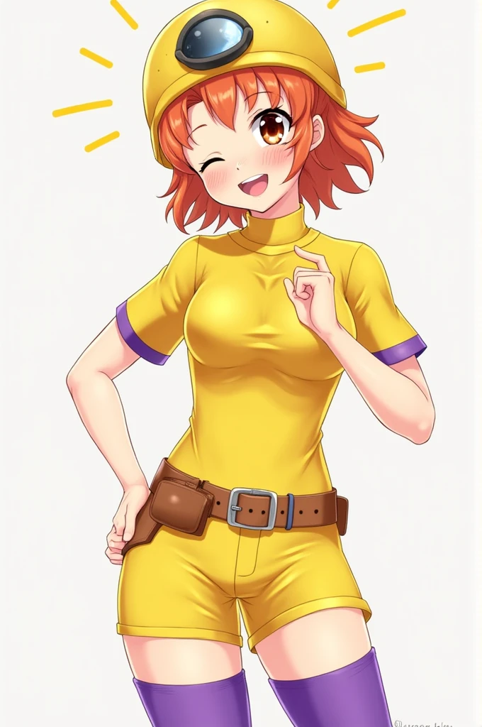Masterpiece, high quality, happy, 1girl, orange hair, short hair, curly hair, freckles, helmet, bodysuit, yellow shirt, short sleeves, long sleeves, belt, yellow small shorts, purple thighhighs, sexy body, gorgeous body, beautiful, beautiful legs, solo