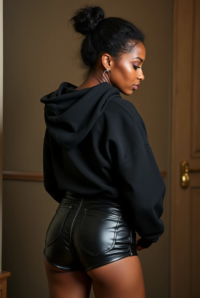 black woman hair in a bun black hoodie black leather short shorts being fucked in the ass by a old grandma in a dress