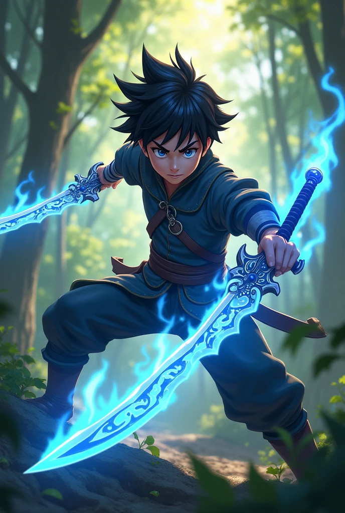 A boy with black hair and bright blue eyes, holding two different daggers, with blue flames on their blades, he is in a dynamic pose as if he is in combat in a forest.