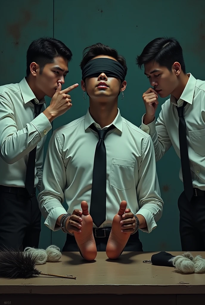 Malaysia malay handsome 25 years student
He fainted
His hand handcuff in abondon warehouse
Blindfolded
handcuff
Formal Outfit
Focus sweaty hot feet on desk
feather duster on desk
Dirty Blacksock on desk
2 mafia pinch nose
His feet smell