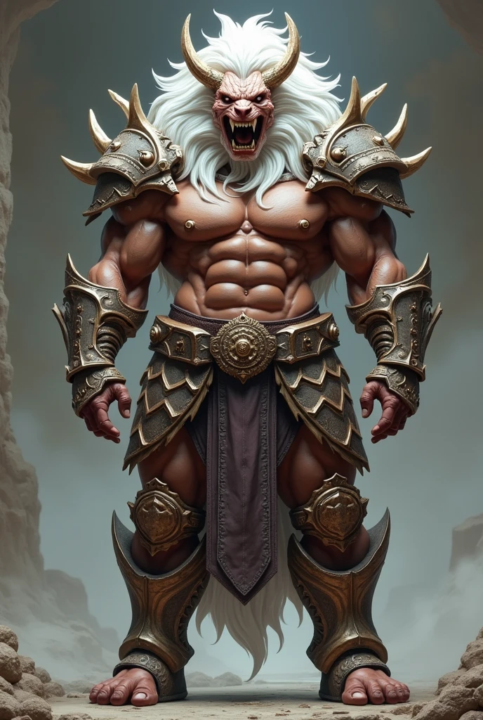 Create a large female armor, Muscular and beast-like, but feminine, that embodies the power of women. The design should incorporate elements that suggest strength and ferocity., such as pronounced muscle definition and aggressive lines or features. At the same time, It should have feminine touches that could include elegant curves or ornamental details to highlight the concept of femininity power, The helmet has features that inspire fear, On the neck there is a large white mane