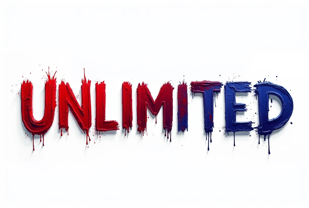 irregular red-blue inscription "unlimited", capital letters, a very irregular painting with a ragged brush, blurred edges from fingers, the colors blend into each other, irregularity, irregular edges, on a white background, the texture from the brush can be seen in the text