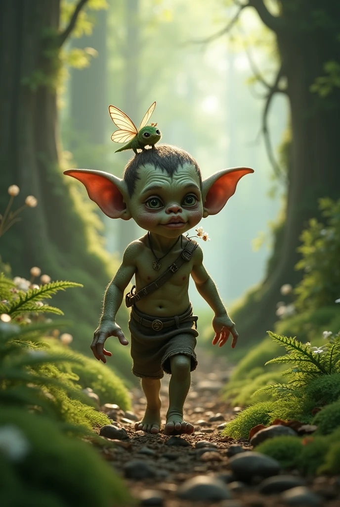 Realistic troll child walks with a mini fairy on his shoulder