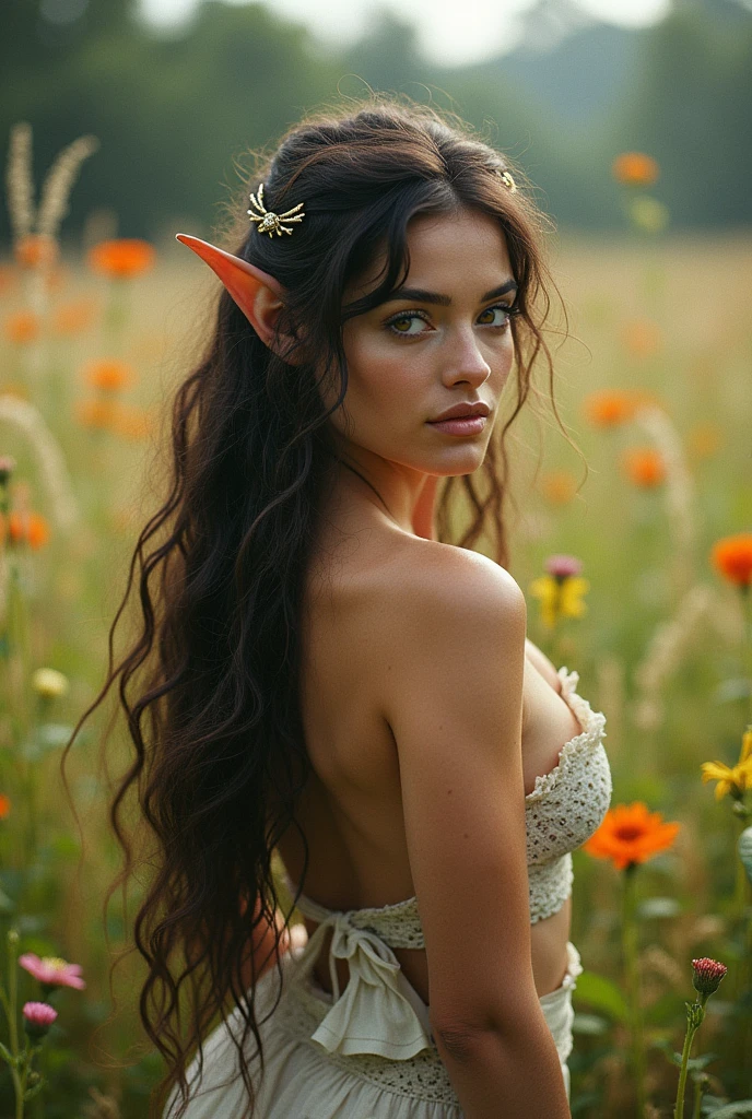 Photo of an elven maiden, 18-years-old, amazonian stature, voluptuous hourglass figure, busty breasts, narrow waist, full wide hips, big round butt, thick thighs, almond complexion, amber eyes, dark hair, long kink curls, wearing a loose tunic dress, posing in field of wildflowers, analog film photo, RAW Photograph, dslr, soft lighting, high quality, film grain, Fujifilm XT3, detailed skin with visible pores, insane details, masterpiece, 8k, 35mm photograph, dslr, kodachrome, faded film, desaturated, grainy, vintage, Lomography, stained, highly detailed, found footage