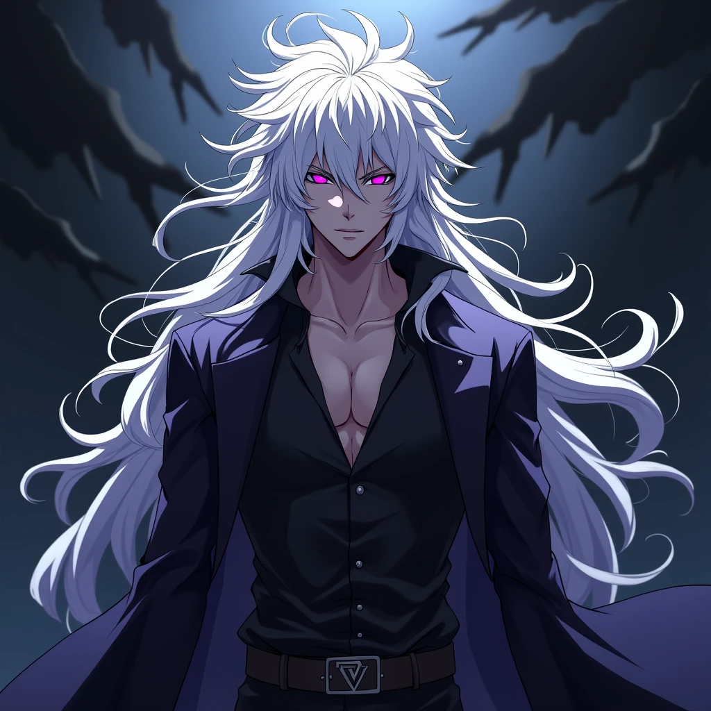 Male, anime, long hair, messy hair, white hair, hot, purple eyes, villain