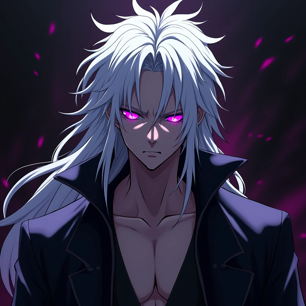 Male, anime, long hair, messy hair, white hair, hot, purple eyes, villain