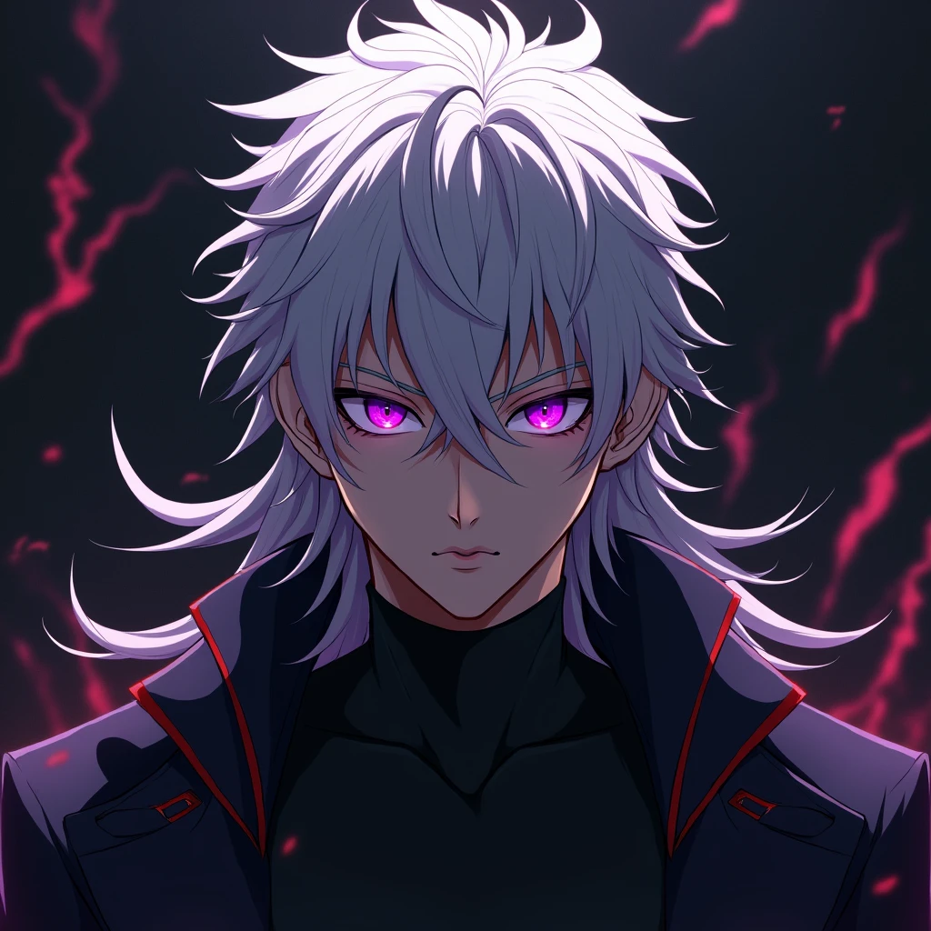 Male, anime, long hair, messy hair, white hair, hot, purple eyes, villain