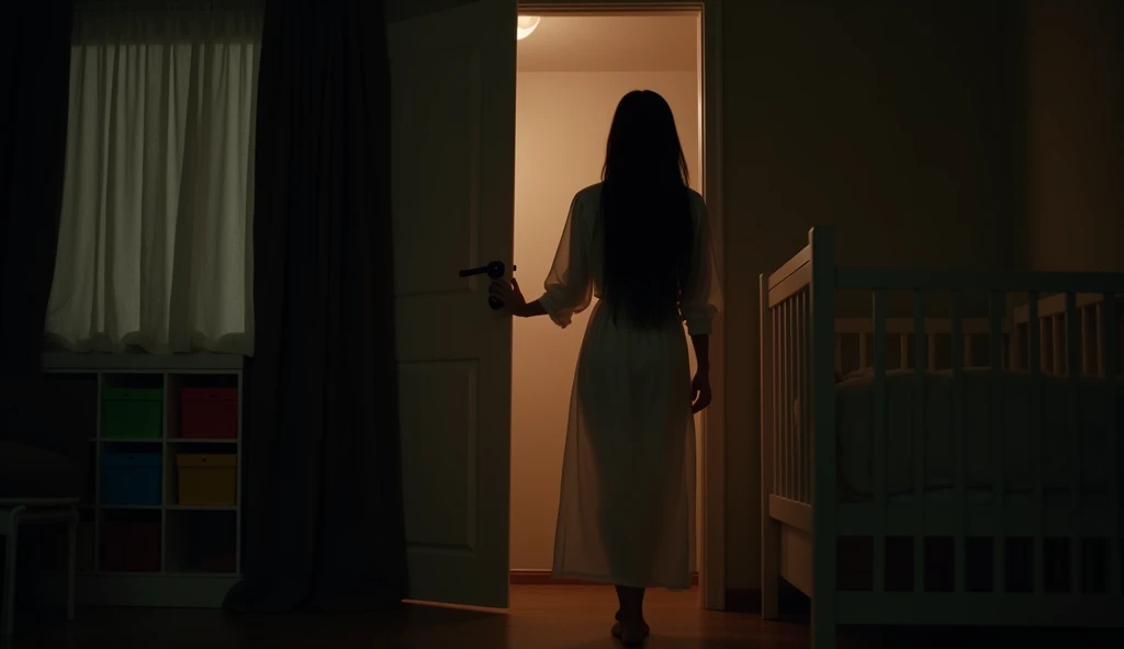 Cinematic, In a dark bedroom, the scene captures a warm scene of beautiful woman standing at the entrance with the door slightly ajar, looking at the camera. The room is dimly lit, with most of the light coming from the hallway behind her, casting her with back lighting. The woman has long, straight black hair and is wearing a long, white nightgown. She holds the door handle with her right hand, and her posture suggests she is about to close the door from the outside of the room. The room features a window with dark curtains on the left, a white crib partially visible in the foreground, and a series of colored storage bins on the left wall.