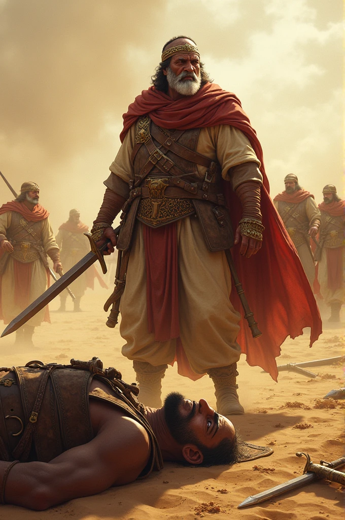 Prompt 3: "Create an image of Abu Jahal, an older man with a determined and angry expression, in the midst of a fierce desert battle. He wears traditional Arab warrior attire with a helmet and sword, surrounded by fallen warriors and chaos."Prompt 4: "Show the moment when Abu Jahal is gravely wounded, lying on the sandy battlefield. His expression reflects pain and defiance, with scattered weapons and warriors battling in the distance under the harsh desert sun."