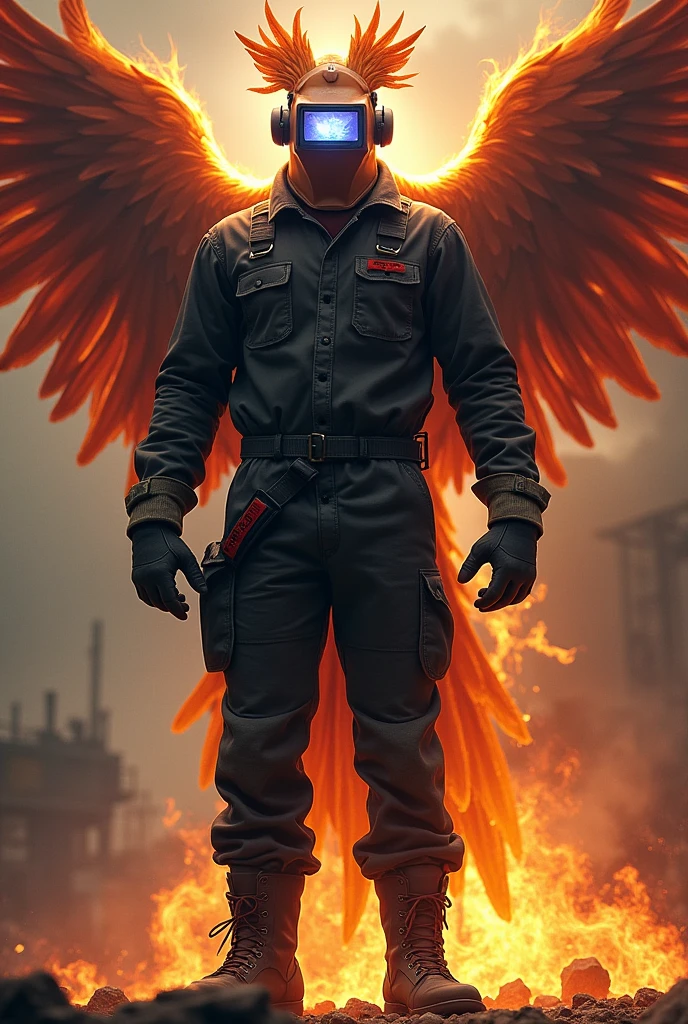 Ave fenix, with welding mask on head, safety glasses, ear plugs, Security boots, gloves, black overalls and black long-sleeved shirt