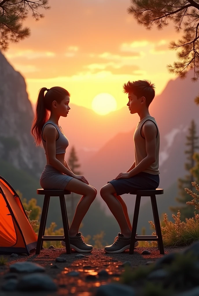 A faceless pic of a slim girl and a lean but fit boy sitting on 2 different stools surrounding by a sunset view on mountain with forest and a tent near 
