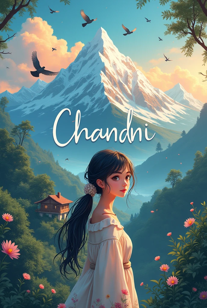 Make a logo of Chandni girl name with anime character background nature mountain pigeons a small house in jungle 