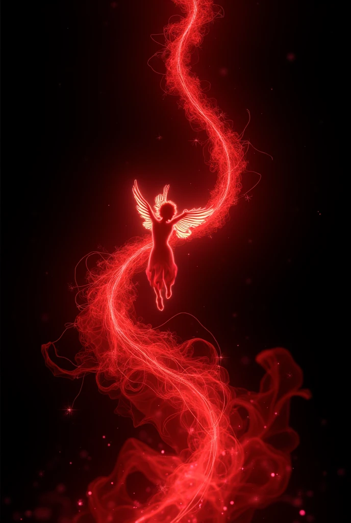 Luminous red thread shapes an ethereal angel in a sinuous dance, mist-like in appearance, set against a pitch-black backdrop, angel silhouette outlined with a faint glow, neon aesthetic, high contrast, digital painting, ultra fine.