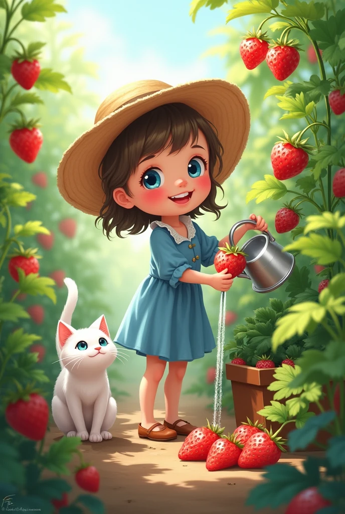 A girl happy with blue eyes in blue frock and little white cat with blue eyes are watering the
big strawberry plant in Strawberry garden AI image