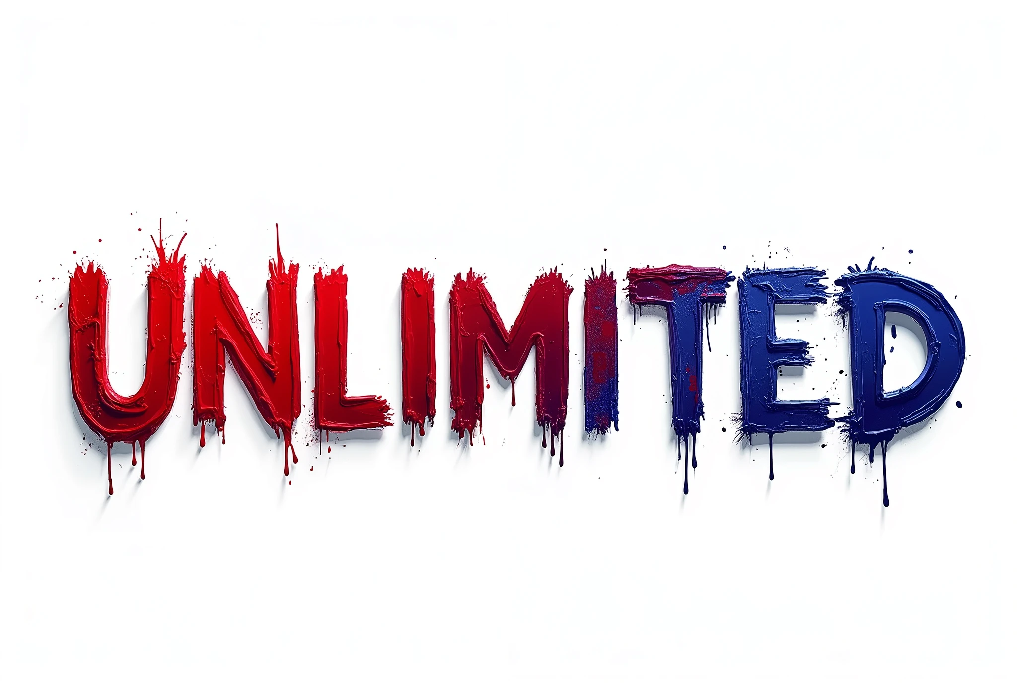 irregular red-blue inscription "unlimited", capital letters, a very irregular painting with a ragged brush, blurred edges from fingers, the colors blend into each other, irregularity, irregular edges, on a white background, the texture from the brush can be seen in the text